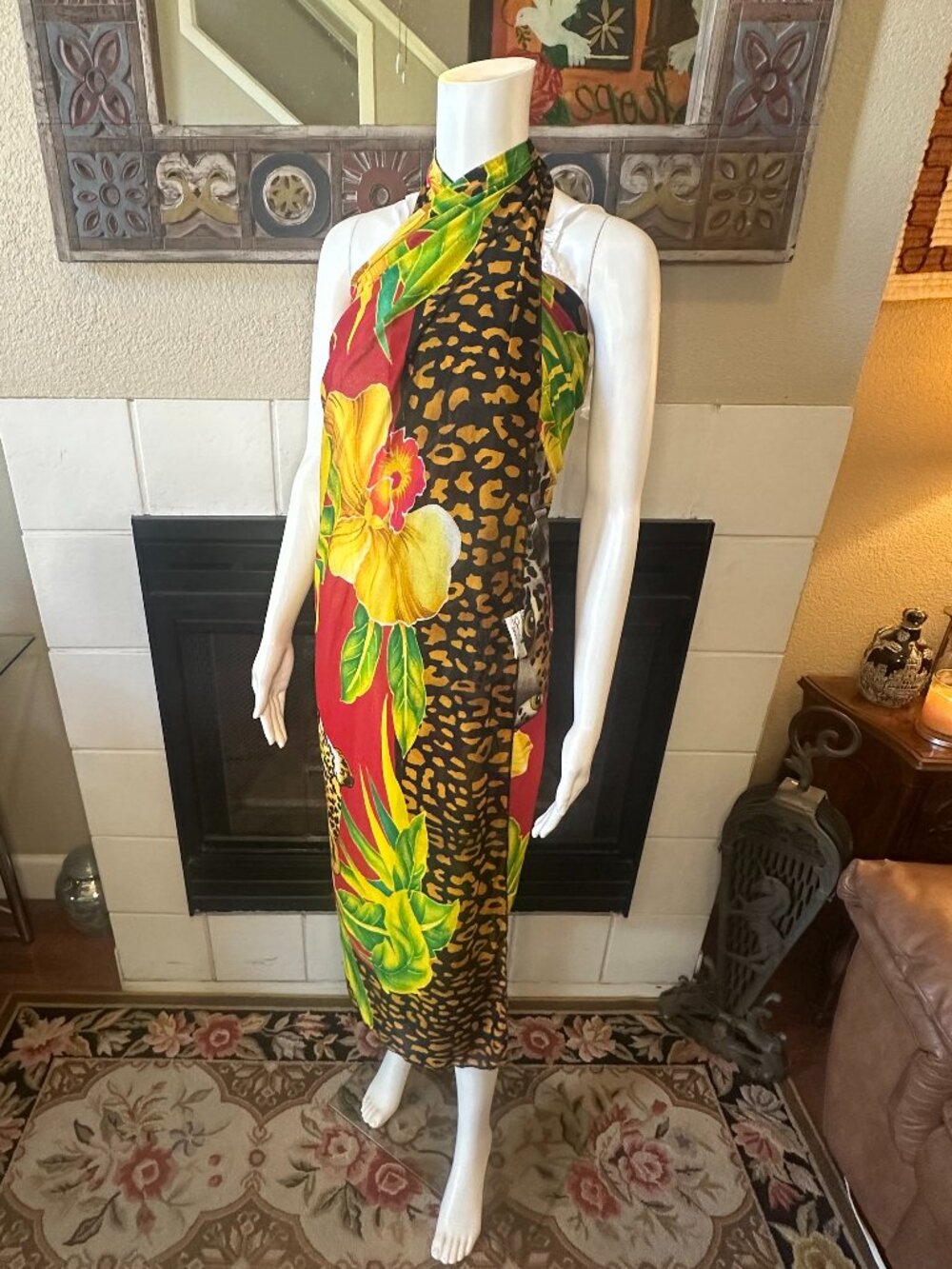 vtg Oscar de la Renta beach sarong dress scarf coverup animal print 51x58